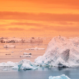 Arctic Icebergs Greenland in the arctic sea with an orange sky at sunset 