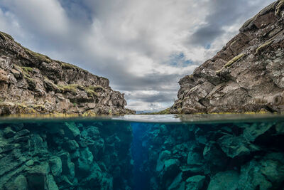 View of Silfra Fissure, Iceland from above and below