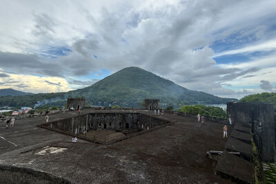 View of volcano from land