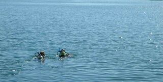 Two Nitrox divers swimming at the surface.